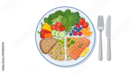 A nutritious meal consisting of salmon, vegetables, fruits, and grains served on a plate with utensils on the side at a restaurant table indoors
