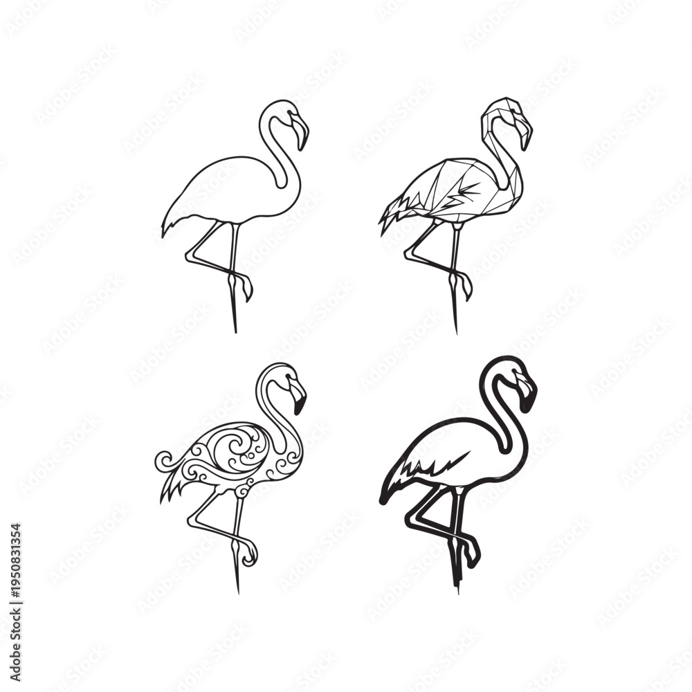 Obraz premium Four different flamingo drawings in black and white