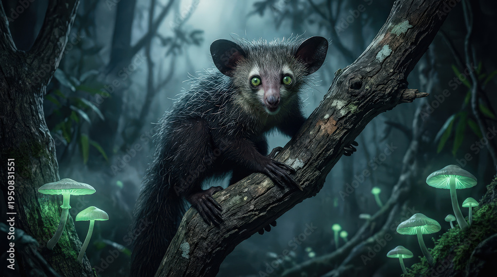 Fototapeta premium Rare aye-aye lemur clinging to mossy tree branch in enchanted forest isolated on transparent background