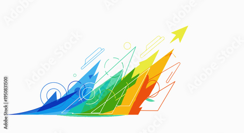 Colorful abstract graphic illustration of a rising arrow and geometric shapes in blue, green, orange, and yellow hues on a white background.