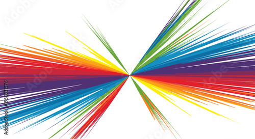 Vibrant multicolored streaks radiate from a central point on a white background in a dynamic graphic design.