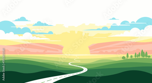 Illustration of a winding road leading through rolling green hills towards a vibrant sunset with colorful sky and clouds.
