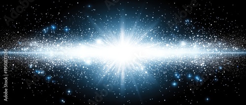 광활한 우주 공간에서 강력하게 빛나는 거대한 별의 폭발과 푸른색 성단이 어우러진 신비롭고 웅장한 은하계 배경의 파노라마 추상 일러스트레이션으로 과학적이고 미래지향적인 디자인에 적합한 이미지입니다.