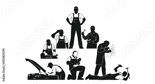 Set of 7 mechanic worker silhouettes vector