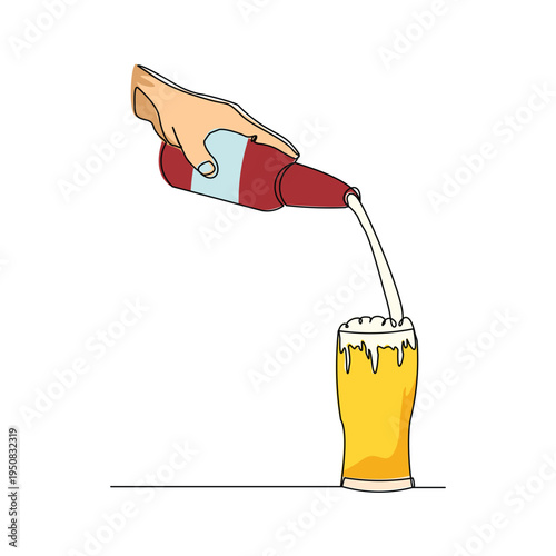 Continuous single line sketch drawing of hand pouring champagne wine liquor from bottle to glass one line art vector illustration editable stroke