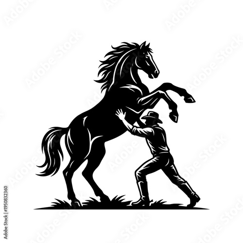 Rearing Horse and Trainer Silhouette Black Vector Illustration Wild Stallion Taming Icon