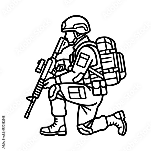 Soldier Kneeling With Rifle Outline – Military Tactical Line Art Vector Illustration