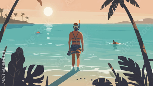 Watercolor illustration. summer vacation concept. sea. Snorkeling