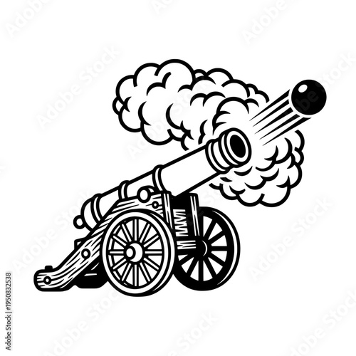 Vintage Cannon Firing Illustration – Classic War Artillery Black and White Vector