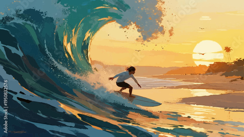 Watercolor illustration. summer vacation concept. sea and sea sand. Enjoy surfing