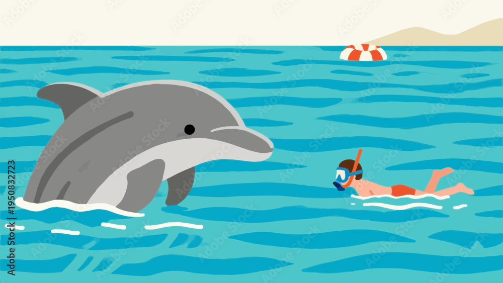 Fototapeta premium simple illustration. Simple illustration reminiscent of Scandinavia. summer vacation concept. sea. Snorkeling with do;phin