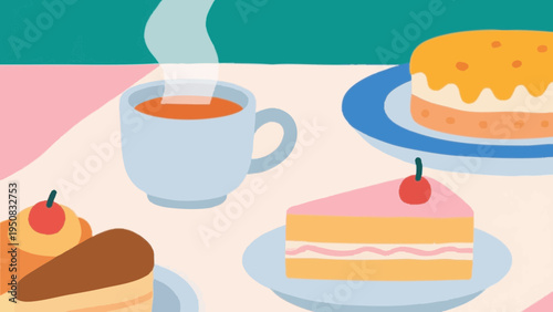 Tea time with black tea and sweets. Adorable, vivid colors and styles. Simple illustrations. Minimalist art.