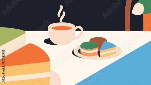Tea time with black tea and sweets. Adorable, vivid colors and styles. Simple illustrations. Minimalist art.