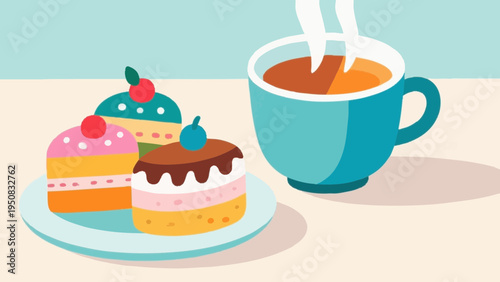 Tea time with black tea and sweets. Adorable, vivid colors and styles. Simple illustrations. Minimalist art.