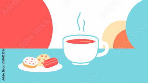 Tea time with black tea and sweets. Adorable, vivid colors and styles. Simple illustrations. Minimalist art.