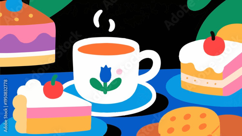 Tea time with black tea and sweets. Adorable, vivid colors and styles. Simple illustrations. Minimalist art.