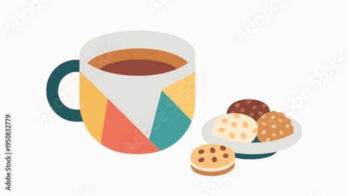 Tea time with black tea and sweets. Adorable, vivid colors and styles. Simple illustrations. Minimalist art.