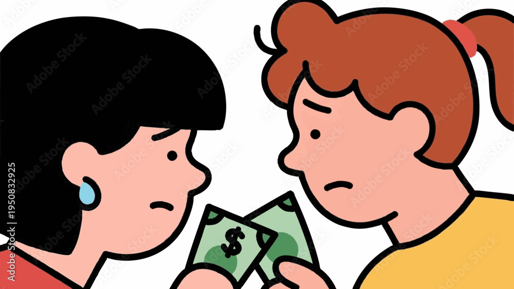 Fototapeta premium Line art, simple illustrations. A young couple facing difficulties. Money. Icon-style. Colorful.