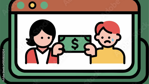Line art, simple illustrations. A young couple facing difficulties. Money. Icon-style. Colorful.