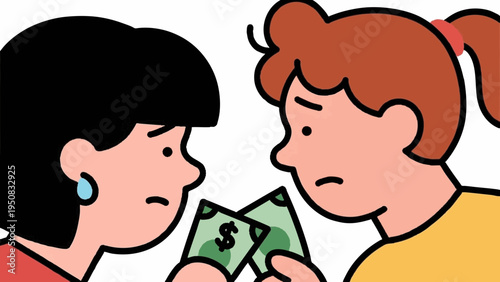Line art, simple illustrations. A young couple facing difficulties. Money. Icon-style. Colorful.
