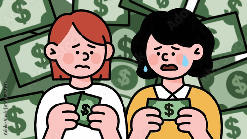 Line art, simple illustrations. A young couple facing difficulties. Money. Icon-style. Colorful.