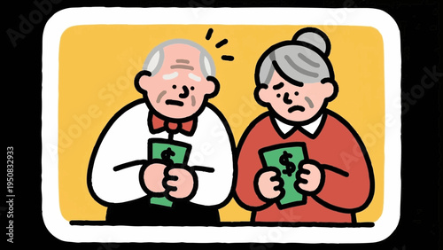 Line art, simple illustration. An elderly couple worried about money. Line art, simple illustration. An elderly couple worried about money.