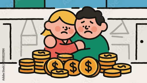 Line art, simple illustrations. A young couple facing difficulties. Money. Icon-style. Colorful.