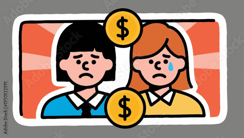 Line art, simple illustrations. A young couple facing difficulties. Money. Icon-style. Colorful.
