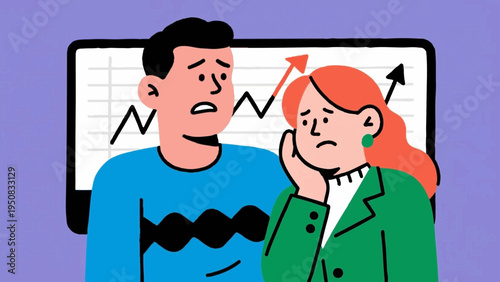 Line art, simple illustrations. A young couple struggling with a decision. Falling stock prices. Icon-style. Colorful.