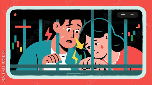 Line art, simple illustrations. A young couple struggling with a decision. Falling stock prices. Icon-style. Colorful.