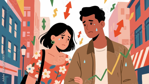 Line art, simple illustrations. A young couple struggling with a decision. Falling stock prices. Icon-style. Colorful.