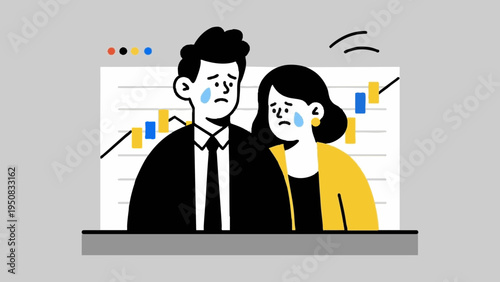 Line art, simple illustrations. A young couple struggling with a decision. Falling stock prices. Icon-style. Colorful.