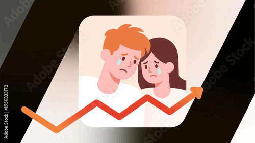 Line art, simple illustrations. A young couple struggling with a decision. Falling stock prices. Icon-style. Colorful.