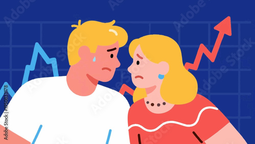 Line art, simple illustrations. A young couple struggling with a decision. Falling stock prices. Icon-style. Colorful.