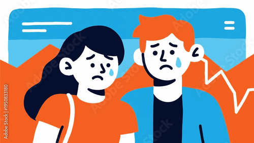 Line art, simple illustrations. A young couple struggling with a decision. Falling stock prices. Icon-style. Colorful.