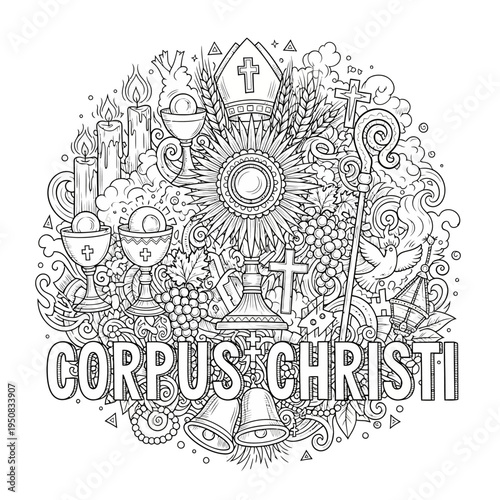 Detailed line art illustration of holy communion symbols, including monstrance, chalice, wheat, and grapes, perfect for religious observances and spiritual event designs