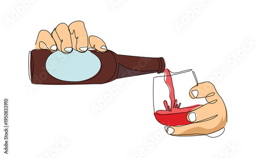 Continuous single line sketch drawing of hand pouring champagne wine liquor from bottle to glass one line art vector illustration editable stroke