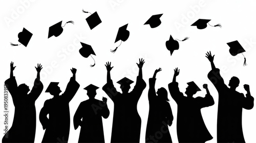 Set of 8 black graduation silhouettes throwing caps vector