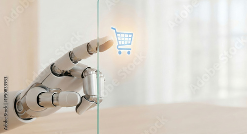Ai digital marketing concept robot hand touch virtual shopping cart icon