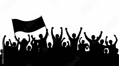 Vector silhouette of crowd with flag raising hands