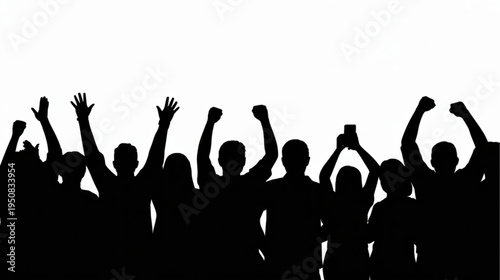 Vector silhouette of cheering crowd with raised hands