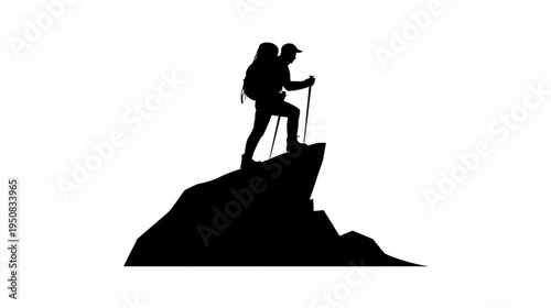 Vector silhouette of hiker on mountain peak