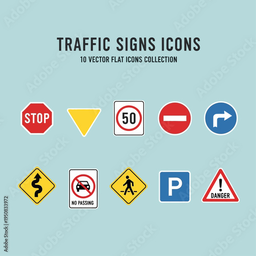 Collection of 10 traffic and road safety signs for navigation and regulation, perfect for design projects and information