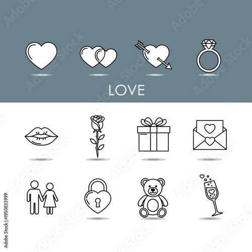 Collection of Valentine's Day and love-themed icons including hearts, rings, roses, and couples