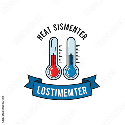 Illustration of two thermometers, one red and one blue, with text that reads 'HEAT SISMENTER' and 'LOSTIMEMTER' on a banner below