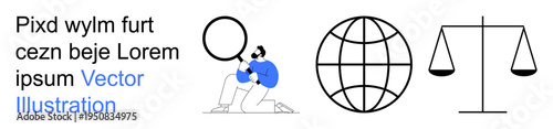 Ethical research, global issues, legal balance, data analysis, decision making, accountability. Person holding magnifying glass, globe and scales . Legal balance and global issues theme