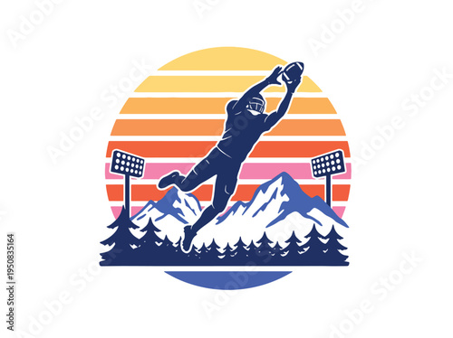 American football player catching ball in front of sunset mountains trees and floodlights  sports illustration