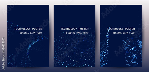 Technology Banner Poster set. Futuristic digital data wave glowing lines. Data science concept tech banner, corporate business presentation or booklet technology