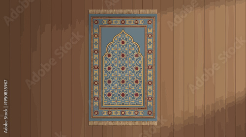 Islamic Prayer Rug with Intricate Geometric Patterns, Traditional Design for Meditation and Worship