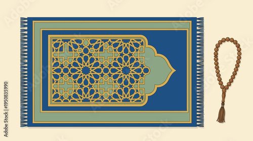 Vibrant blue prayer rug with intricate Islamic geometric patterns, thoughtfully placed next to traditional prayer beads, representing deep spiritual devotion and cultural heritage
